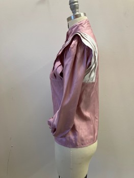 MELODY BROOKS, Dusty Rose Pink, White, Polyester, Solid, Color Blocking, Concealed B.F., Stand Collar with 2 Self Covered Btns & White Piping, Wide Knife Pleats At Yoke Line Go From Pink On Front To White On Back, L/S with Self Covered Button Cuffs with White Piping