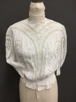 MTO, White, Cotton, Floral, Floral Eyelet and Embroidery, Button Back, Band Eyelet Collar, Peplum, Gathered 3/4 Sleeve, Fagotting At Sleeve, Crochet Lace Hem,