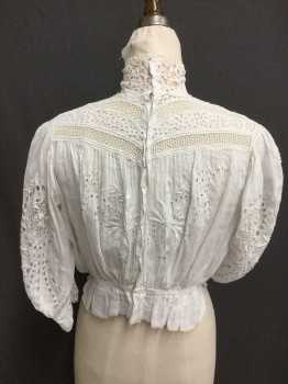 MTO, White, Cotton, Floral, Floral Eyelet and Embroidery, Button Back, Band Eyelet Collar, Peplum, Gathered 3/4 Sleeve, Fagotting At Sleeve, Crochet Lace Hem,