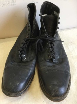 Mens, Boots 1890s-1910s, Stacy Adams, Black, Leather, 10, Cap Toe, Lace Up, Leather,