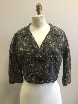 Womens, 1960s Vintage, Piece 2, MARY EWELL, White, Brown, Black, Synthetic, Cotton, Novelty Pattern, W26, B36, Jacket, 2 Buttons Single Breasted, Notched Lapel. Wide Band at Waist, 3/4 Sleeves