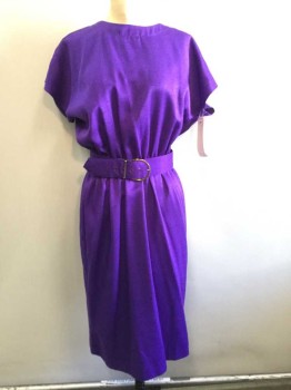 N/L, Purple, Polyester, Rayon, Solid, Round Neck, Elastic Waist, Cap Sleeves, Matching Fabric BELT, Pull Over with Button Back Neck