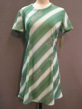 Green, White, Synthetic, Stripes, Colorful Paisley Print, Round Neck,  Short Sleeve,  Zip Back