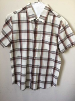 RVCA, Cream, Brown, Gray, Red, Cotton, Plaid, Button Front, Collar Attached, Short Sleeve,  1 Pocket,