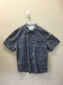 OCEAN CURRENT, Blue, Lt Blue, Cotton, Stripes, Heathered Ombre Horizontal Stripe Chambray. Short Sleeves, Collar Attached, Button Front, 1 Pocket with Snap Down Flap