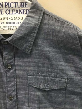 OCEAN CURRENT, Blue, Lt Blue, Cotton, Stripes, Heathered Ombre Horizontal Stripe Chambray. Short Sleeves, Collar Attached, Button Front, 1 Pocket with Snap Down Flap