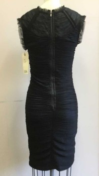 BCBG, Black, Navy Blue, Turquoise Blue, Polyester, Spandex, Abstract , Stripes - Horizontal , Crew Neck, Sleeveless, Sheer Horizontal Pleated Stretch Mesh Over Teal Lining, Collar Insert Smooth Mesh Over Abstract, Double Mesh Ruffle at Neck and Arms-eyes, Applique Ribbon Down Center Front, Back Zipper,