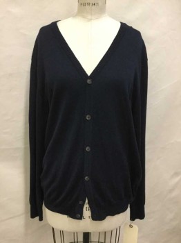 Womens, Sweater, AUTOGRAPH, Navy Blue, Silk, Solid, L, SWEATER:  Navy, Deep V-neck, Button Front, Long Sleeves, See Photo Attached,