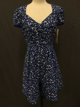 Womens, Dress, Short Sleeve, LEIF NOTES, Navy Blue, White, Black, Polyester, Abstract , Floral, 4, Dress with Self Tie Belt, White with Navy/black Abstract Floral Print, V-neck, Ruched Center Front, Accordion Pleated Bust, Cap Sleeve, Gathered Waist,