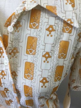 N/L, Cream, Mustard Yellow, Brown, Polyester, Geometric, Novelty Pattern, Pullover, Button Front Placket, Collar Attached, Short Sleeves,  Sheer with Lace Stripe, Decorative Vertical Chain Print (barcode at Bottom of Front Placket), Cut Off Hem