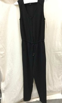 Womens, Jumpsuit, H&M, Black, Polyester, Solid, 2, Snap Front, Sleeveless, Drawstring Waist, Tie Front, 2 Pockets, Faux Basketweave Texture