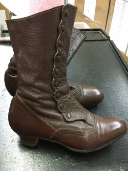Womens, Boots 1890s-1910s, Brown, Leather, Solid, 6, 1.5" Covered Heel, Scallopped Edged Snap Sides, Mid-calf, Good Shape