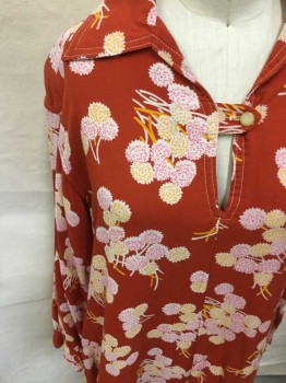 Red, Yellow, Hot Pink, Off White, Rayon, Floral, Long Sleeves, Pullover, Collar Attached,  1 Button, 2 Pockets,