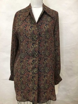 Womens, Blouse, FRANCESS & RITA, Black, Tan Brown, Brown, Dk Red, Dk Green, Polyester, Paisley/Swirls, 4, Black W/tan,brown,dark Red, Dark Green Paisley Print, Collar Attached,  Button Front, Long Sleeves, (oversize 4)