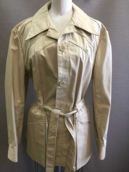 Womens, 1980s Vintage, Suit, Jacket, EUROPE CRAFT, Khaki Brown, Cotton, Polyester, Solid, W:29, B:36, Long Sleeves, Button Front, Long Exaggerated Collar Attached, Diagonal Unusual Seams Throughout, Hip Length, 2 Welt Pockets, Belt Loops, **2 Piece with Matching Sash Belt, Early 1980's