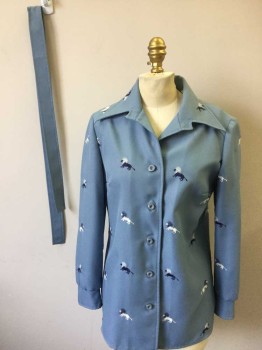 Womens, Blouse, SUSAN THOMAS, Powder Blue, Navy Blue, White, Polyester, Novelty Pattern, B:36, Powder Blue with Navy and White Embroidered Lions, Long Sleeve Button Front, Collar Attached, **2 PIECES - Comes with Matching Fabric Sash/Belt  ***Has Faint Stains on Right Upper Sleeve, and on Belt.