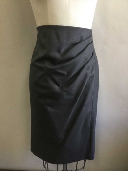 MAX MARA, Dk Gray, Charcoal Gray, Wool, Silk, Birds Eye Weave, Gray and Charcoal Dotted Weave, Pencil Skirt, Hem Below Knee, Sculptural Gathered Detail at Side