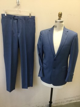 Mens, Suit, Jacket, MATTARAZI UOMO, Slate Blue, Wool, Heathered, 32 , 40R, 29, Heather Slate Blue with Shinny  Baby Blue Self Diagonal Lining, Notched Lapel, Single Breasted, 2 Button Front, 3 Pockets, Long Sleeves, 2 Split Back