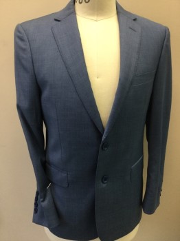 Mens, Suit, Jacket, MATTARAZI UOMO, Slate Blue, Wool, Heathered, 32 , 40R, 29, Heather Slate Blue with Shinny  Baby Blue Self Diagonal Lining, Notched Lapel, Single Breasted, 2 Button Front, 3 Pockets, Long Sleeves, 2 Split Back
