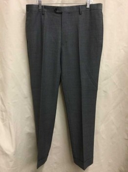 Mens, Suit, Pants, TOMMY HILFIGER, Heather Gray, Black, Blue, Wool, Synthetic, Heathered, Plaid-  Windowpane, 38/31, Heather Gray, Black/ Blue Window Pane, Cuffed Hem