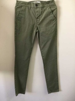 TOPMAN, Olive Green, Cotton, Solid, Flat Front, Button Fly,  Belt Loops, 4 Pockets, Stretch Skinny