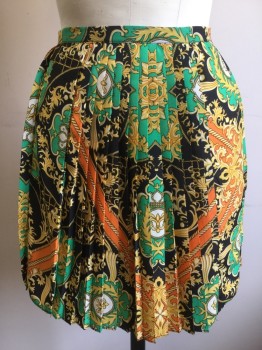 Womens, Skirt, Mini, MILLAU, Black, Orange, Green, Yellow, Polyester, Novelty Pattern, W28, M, Perm Pleated Side Zipper
