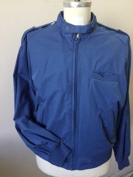 Mens, Windbreaker, MEMBERS ONLY, Slate Blue, Polyester, Solid, M, Stand Collar Attached W/belt, 3 Pockets, Zip Front, Belt on ShoulderLong Sleeves, Knit Ribbed Cuffs & Hem