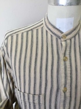 JOSEPH ABBOUD, Cream, Black, Cotton, Stripes, 1980S, Collar Band, Button Front, 2 Patch Pockets, Long Sleeves with Cuffs. Lightly Aged