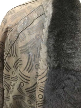 ANN II, Brown, Chocolate Brown, Leather, Fur, Novelty Pattern, Line and Circle Novelty Print, Chocolate Fur Lined, Shawl Collar, 1/4 Zip Front, Chocolate Fur Cuffs, 2 Pockets