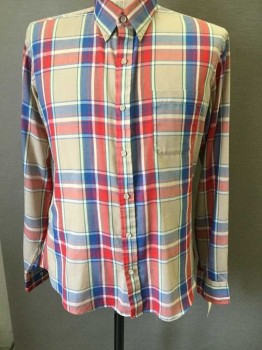 ARROW BRIGADE, Tan Brown, Red, Royal Blue, White, Green, Polyester, Cotton, Plaid, Long Sleeves, Button Front, Collar Attached,  Button Down Collar, 1 Pocket,