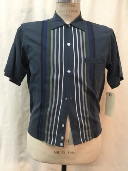 Mens, Casual Shirt, TOWNCRAFT, Steel Blue, Espresso Brown, Navy Blue, Olive Green, Gray, Cotton, Stripes - Vertical , S, C36, Button Front, Short Sleeves, Button Adjust Waist