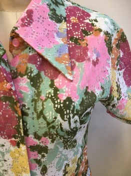 JO JARDIN, Bubble Gum Pink, Mauve Pink, Mint Green, Forest Green, Orange, Polyester, Floral, Button Front, Short Sleeves, Collar Attached, Blouse Fabric Made of Abstract Floral Printed Lace