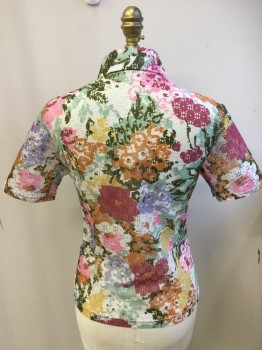 Womens, Shirt, JO JARDIN, Bubble Gum Pink, Mauve Pink, Mint Green, Forest Green, Orange, Polyester, Floral, B32/34, Button Front, Short Sleeves, Collar Attached, Blouse Fabric Made of Abstract Floral Printed Lace