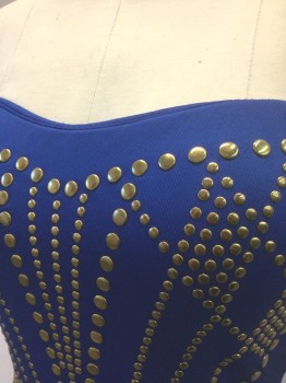 VA VA VOOM, Royal Blue, Gold, Polyester, Metallic/Metal, Geometric, Club Dress: Royal Blue Stretchy Polyester, Strapless, with Gold Metal Flat Round Studs in Geometric Pattern, Mini Length