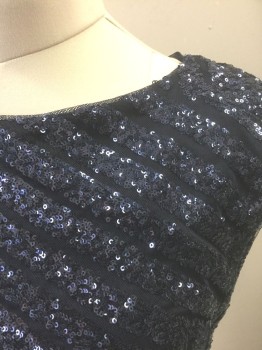 RALPH LAUREN, Navy Blue, Polyester, Sequins, Geometric, Solid, Bodice is Net with Multi Directional Chevron Stripes of Sequins, Sleeveless, Bateau/Boat Neck, Bottom is Solid Navy Poly Spandex, Knee Length