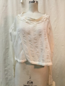 NO LABEL, Ivory White, Cotton, Solid, Sheer Ivory, Pleated Detail, Button Up Side, Long Sleeves, Round Neck, Lace Trim,