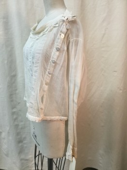 NO LABEL, Ivory White, Cotton, Solid, Sheer Ivory, Pleated Detail, Button Up Side, Long Sleeves, Round Neck, Lace Trim,