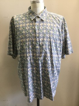 BURMA BIBAS, Slate Blue, Green, Brown, Off White, Cotton, Watercolor Diamonds Pattern Print, Short Sleeves, Collar Attached, Button Front, 1 Pocket,