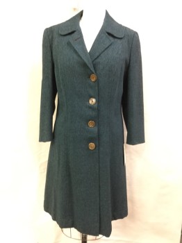 Womens, Coat, N/L, Teal Blue, Black, Brown, Wool, Tweed, 40W, 40B, 44H, Single Breasted, 4 Buttons, Rounded Notched Lapel,