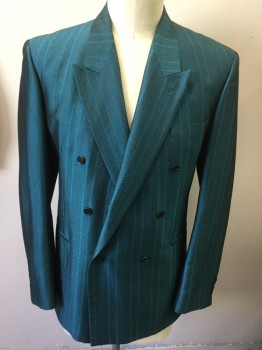 Mens, 1980s Vintage, Suit, Jacket, GINO CAPPELI, Teal Blue, Polyester, Rayon, Stripes, 42L, Double Breasted, 6 Buttons, Peaked Lapel, Stripes Made From Diagonal Slashes