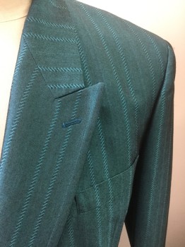Mens, 1980s Vintage, Suit, Jacket, GINO CAPPELI, Teal Blue, Polyester, Rayon, Stripes, 42L, Double Breasted, 6 Buttons, Peaked Lapel, Stripes Made From Diagonal Slashes