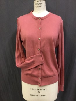 ANN TAYLOR, Dusty Rose Pink, Poly/Cotton, Lycra, Solid, Dark Dusty Rose, Knit. Crew Neck, Button Front, Long Sleeves,