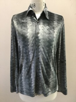 Mens, Club Shirt, WILKE RODRIGUEZ, Gray, Dk Gray, Rayon, Polyester, Novelty Pattern, S, Velvet, Wavy Stripes, Button Front, Collar Attached, Long Sleeves,