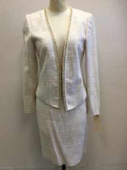 Womens, Suit, Jacket, TAHARI, Lt Yellow, Lt Gray, Lt Pink, Peach Orange, Acrylic, Cotton, Tweed, 2, Single Breasted, No Closures, Gold Chain Trim, Long Sleeves,