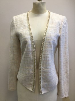 Womens, Suit, Jacket, TAHARI, Lt Yellow, Lt Gray, Lt Pink, Peach Orange, Acrylic, Cotton, Tweed, 2, Single Breasted, No Closures, Gold Chain Trim, Long Sleeves,