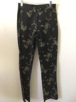 Womens, Pants, JUST IN TIME, Black, Teal Blue, Rose Pink, Gray, Beige, Cotton, Spandex, Floral, Asian Inspired Theme, W:24, Flat Front, Zip Fly
