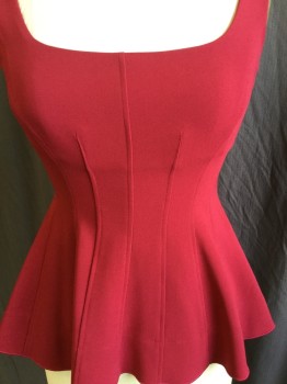 Womens, Top, THEORY, Dk Red, Polyester, Acetate, Solid, P, 1" Straps, Deep Square Neck and Back, Seams Designs Detail, Flair Bottom, Side Zip