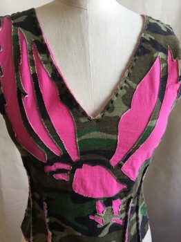 Womens, Top, LAUNDRY, Olive Green, Brown, Faded Black, Lt Olive Grn, Pink, Cotton, Camouflage, Animal Print, M, Deep V-neck with Black Hand Stiches, Pink Flying  Bird Inlay Front