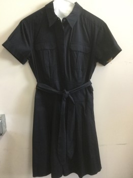 Womens, Dress, Short Sleeve, CYNTHIA STEFFE, Navy Blue, Cotton, Solid, 2, Button Front Top Half, Pocket Flap Pleated, 2 Pleat Skit, Belt