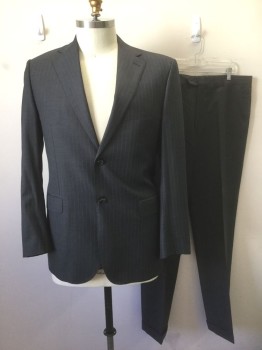 MATTARAZI UOMO, Gray, Lt Blue, Wool, Cashmere, Stripes - Pin, Gray with Light Blue Pinstripes, Single Breasted, Notched Lapel, 2 Buttons, 3 Pockets, Slate Blue with Gold Paisley Pattern Lining